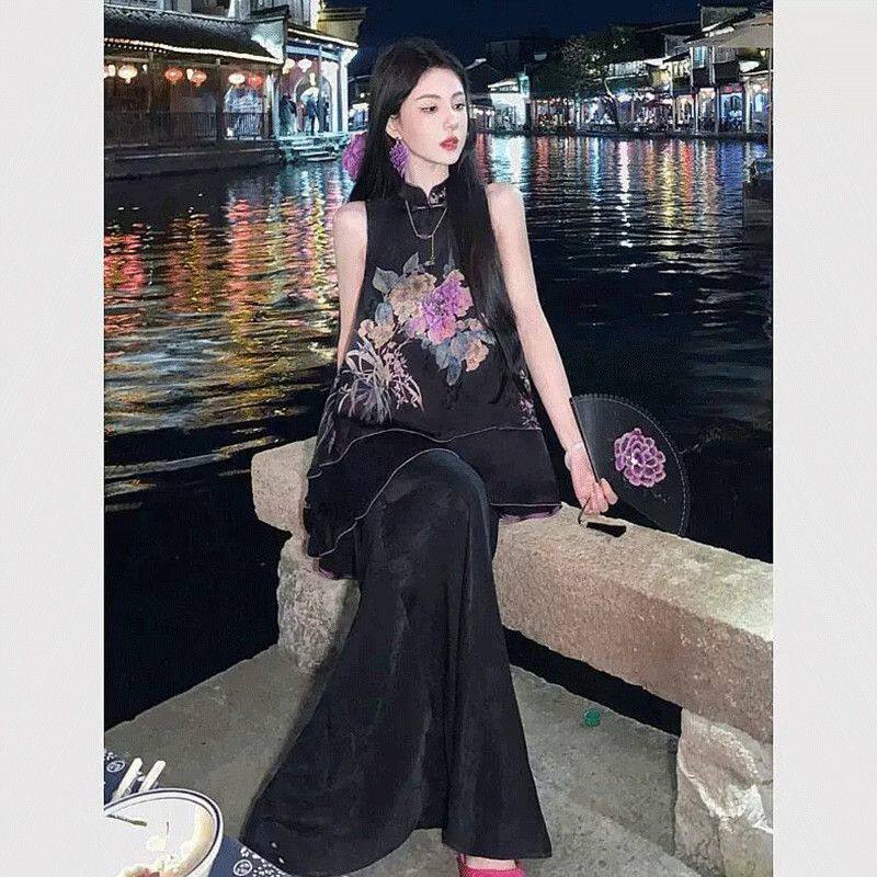 2025夏季超火气质高级感新中式高端国风大方得体黑色上衣裤子套装