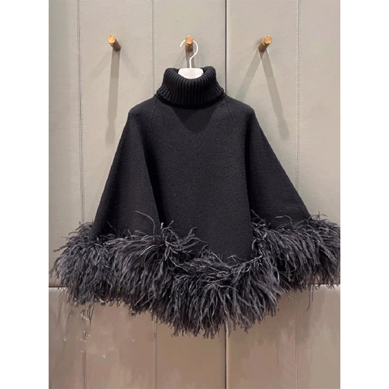 秋冬新款高级感洋气轻奢毛毛小香风上衣黑色赫本风斗篷毛衣外套女