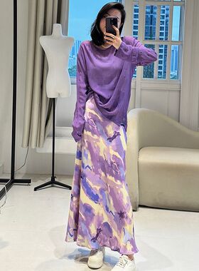紫色烫钻t恤衫+水墨晕染开叉包臀鱼尾半身裙女套装夏