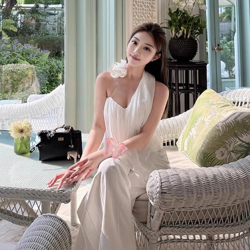 夏季美背套装立体抹胸花朵背心上衣白色休闲长裤两件套辣妹阔腿裤