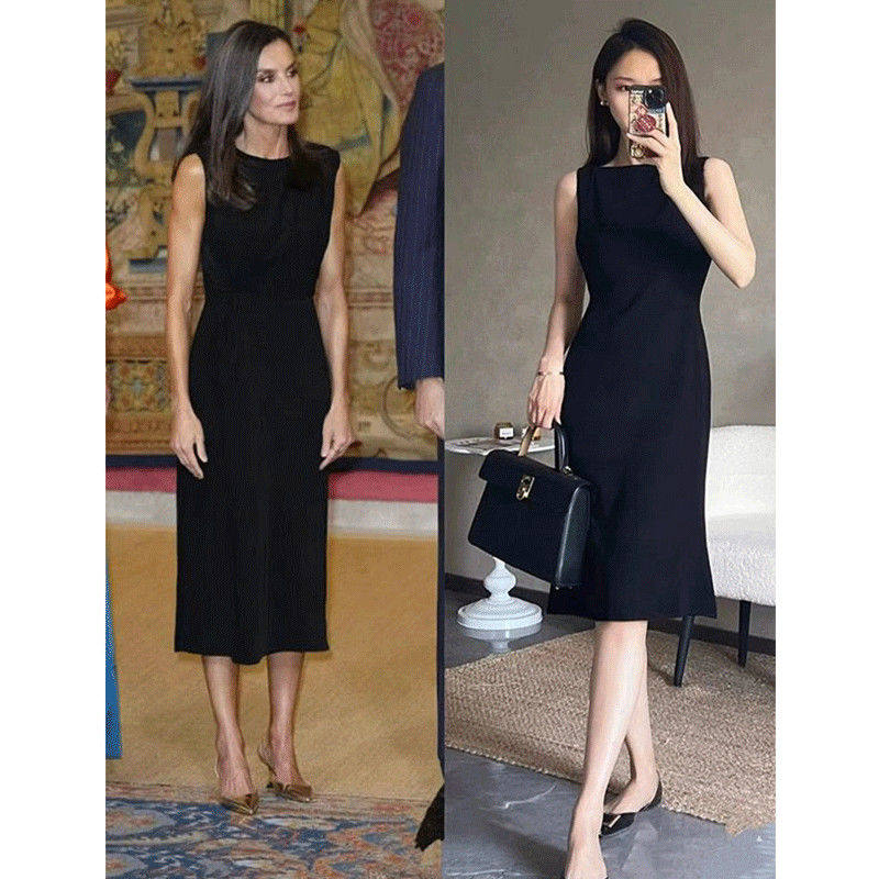 太古里总裁高级感修身职业小黑裙船领经典赫本风通勤连衣裙