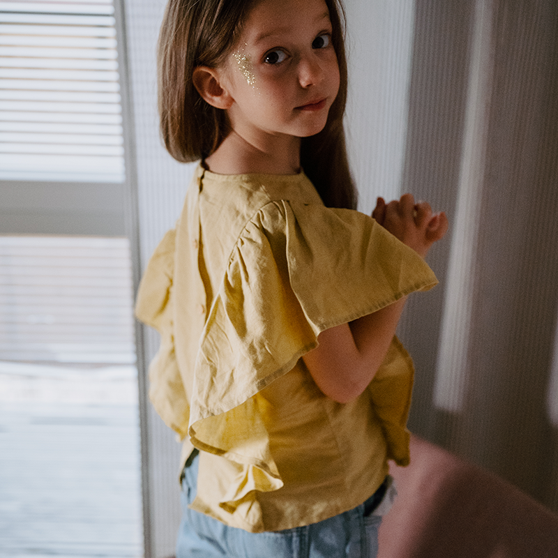 Let'sChill女童棉麻荷叶袖上衣