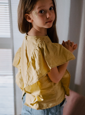 Let's Chill女童夏季棉麻荷叶袖上衣纯色休闲百搭田园复古时尚T恤