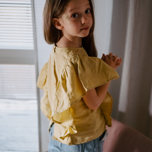 Let'sChill女童棉麻荷叶袖上衣