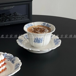 法式无把蓝玫瑰花瓣咖啡杯碟套装高颜值ins风陶瓷拿铁杯下午茶杯