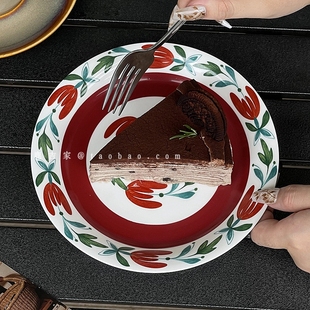 中古vintage红色木槿花盘子高级感复古圆形陶瓷甜品蛋糕盘糕点盘