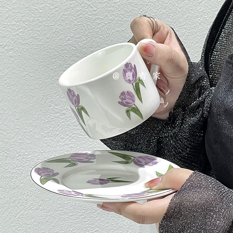 柔美油画系郁金香咖啡杯碟早餐杯