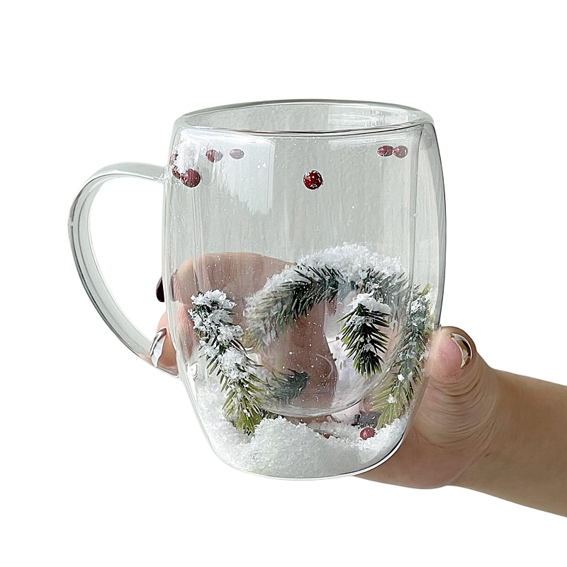 双层防烫鹅蛋形圣诞雪花咖啡杯