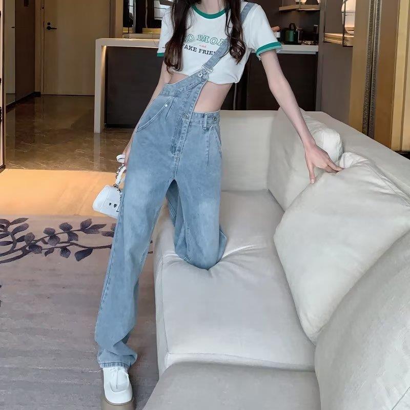 单肩背带裤女学生牛仔裤2022春夏新款薄款裤子宽松显瘦高腰阔腿裤