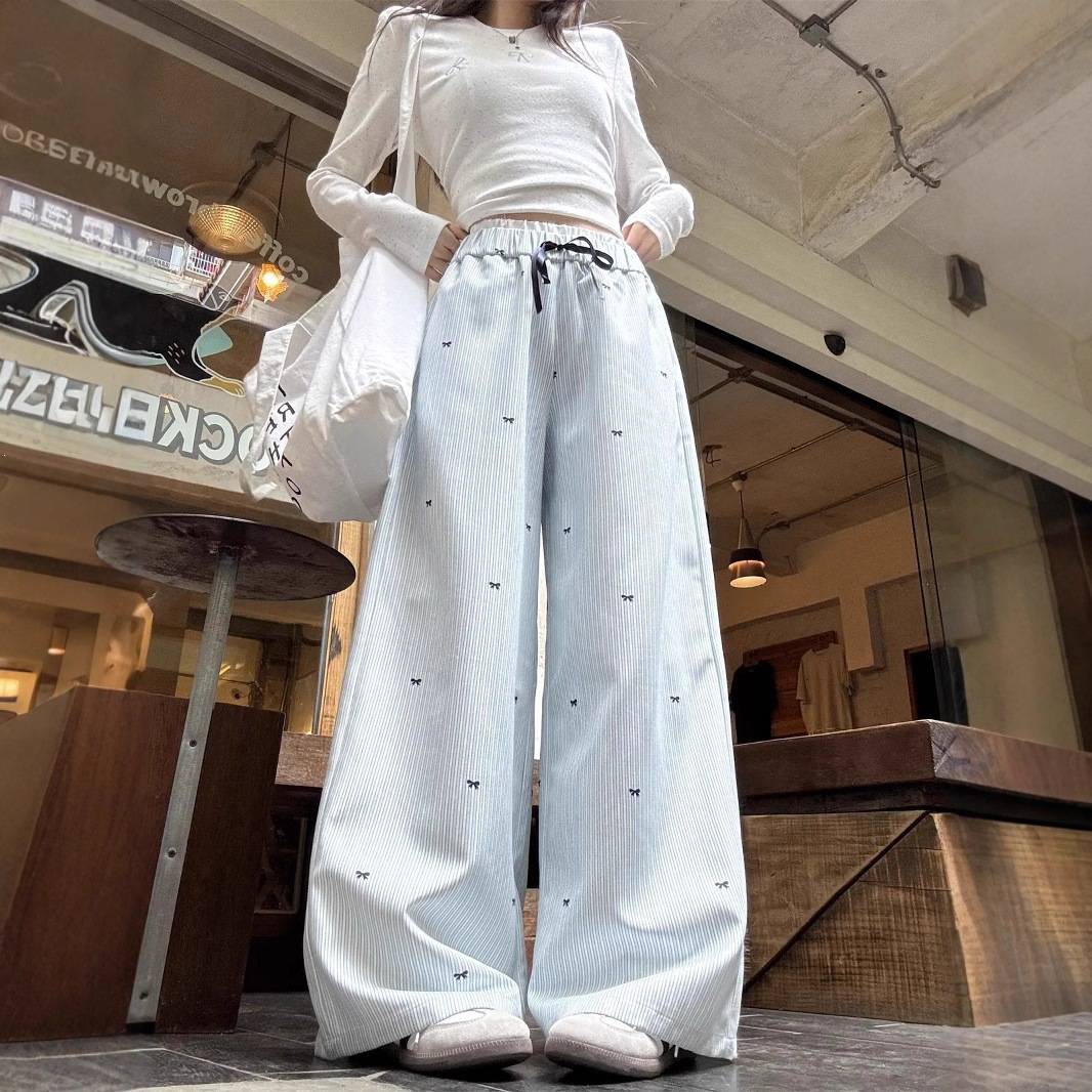 韩系蓝色条纹阔腿裤女夏季2026新款高腰直筒休闲裤设计感小众长裤