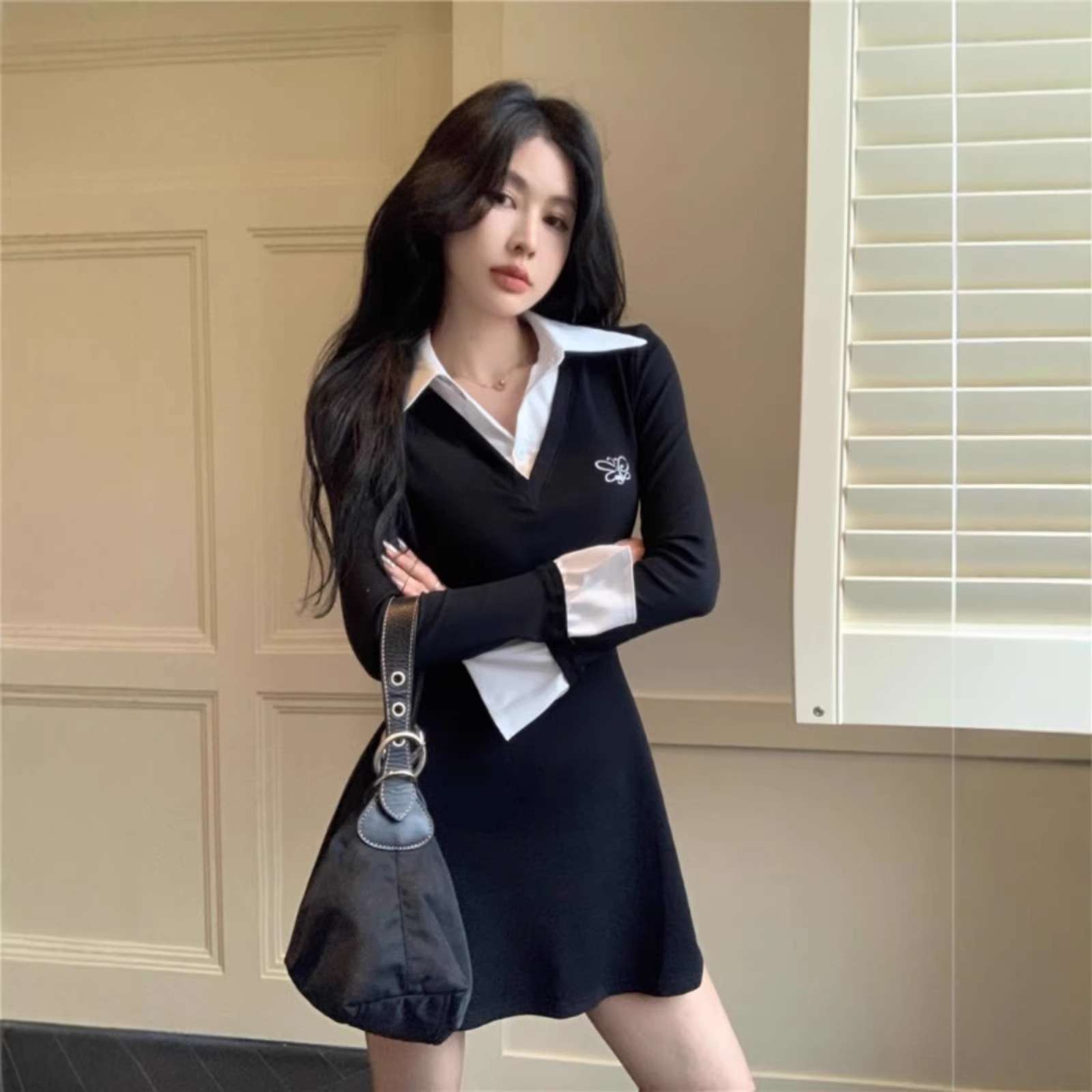 韩系学院风假两件衬衫连衣裙秋冬别致设计感个性内搭短裙ins女