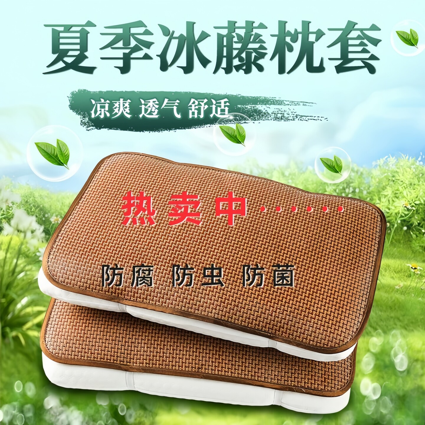 夏季竹藤凉枕席枕片一对凉席枕套大人大号冰丝枕单人竹枕片枕头套