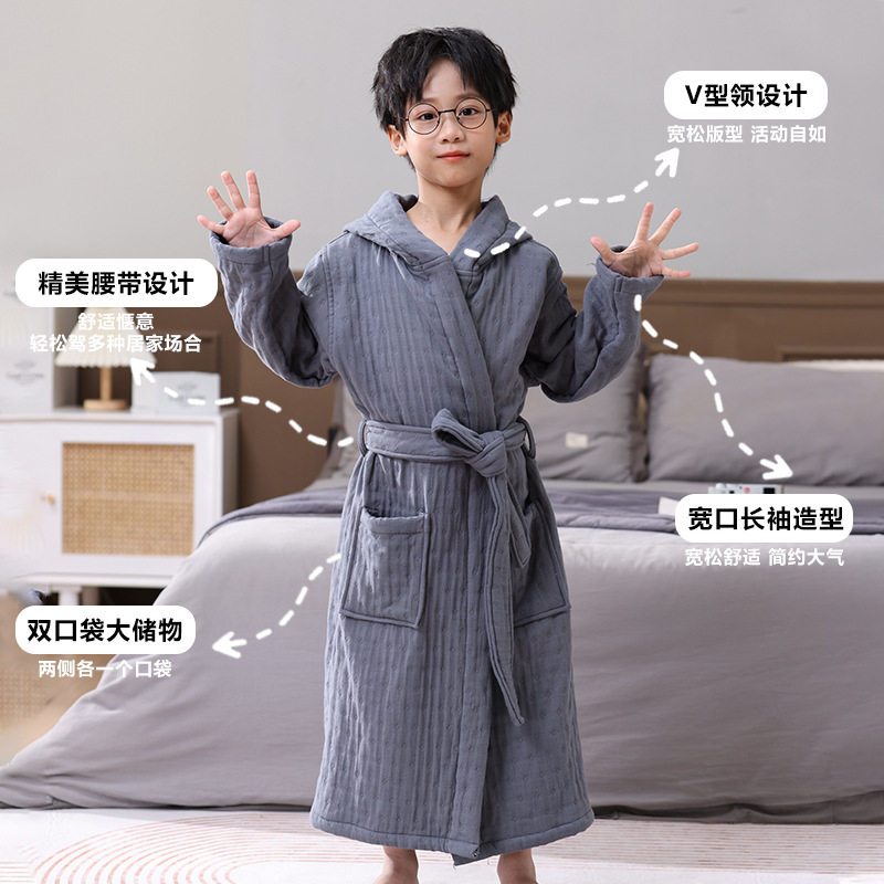 纯棉儿童浴袍六层加厚浴衣家居服中大童男女睡衣吸水睡袍一件