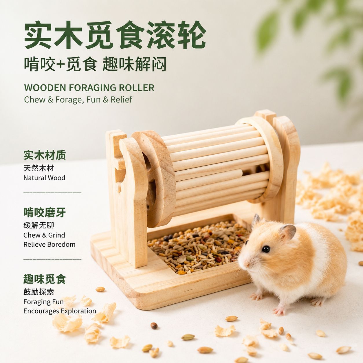 新品仓鼠实木觅食滚轮益智玩具磨牙解闷双用省空间花枝鼠漏食器