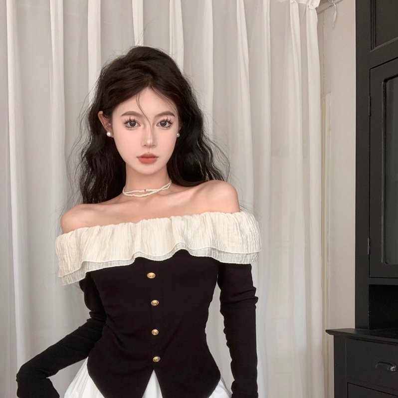 实拍实价秋季纯欲性感辣妹风法式一字肩长袖T恤女荷叶边收腰上衣