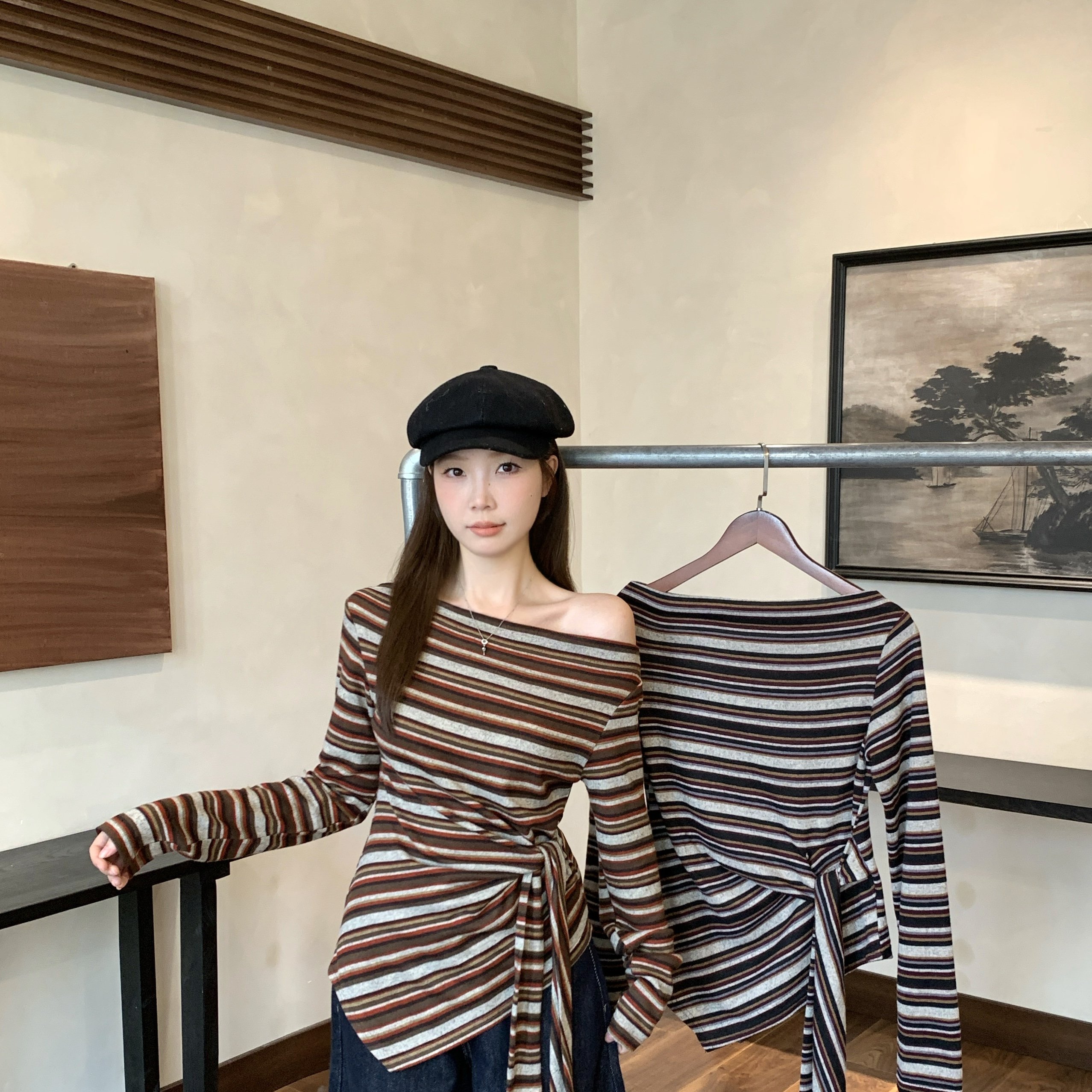 实拍 大码胖mm秋季新款韩系斜肩绑带T恤不规则条纹收腰显瘦上衣