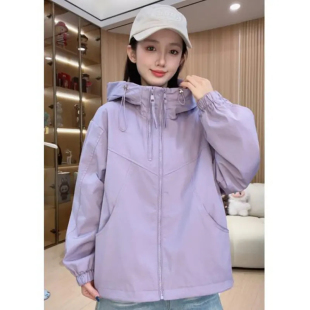 双拉链女款 休闲拼接防风短外套冲锋衣连帽外套韩 连帽春秋纯色短款
