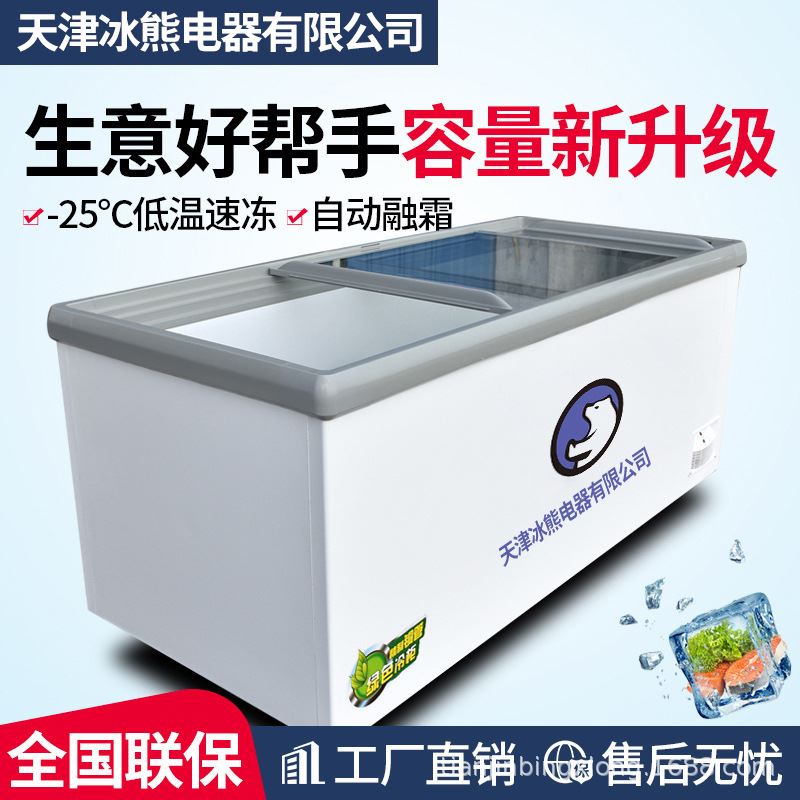 津冰熊大容量卧式冰柜 冷冻展示柜超市商用铜管冷柜 玻璃门冰柜