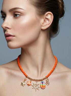 波西米亚海岛度假风欧美热卖海螺珊瑚串珠项链女 夏日多巴胺颈链