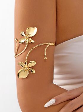 欧美跨境个性波西米亚金属花卉大臂手镯夸张复古树叶可调节臂环女