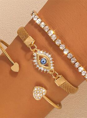 欧美跨境新款手链 复古简约创意几何搭配十字架链条多层叠戴手链