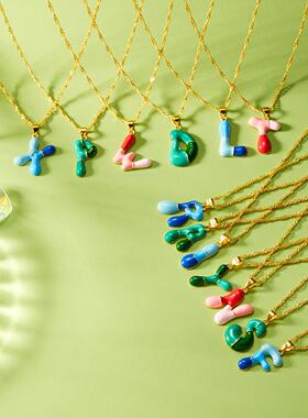 速卖通跨境热销26英文字母卡通吊坠项链 可爱搞怪滴油撞色项饰女