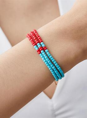 欧美跨境新款米珠手饰 时尚个性彩色碰撞三层叠戴串珠可调节手链