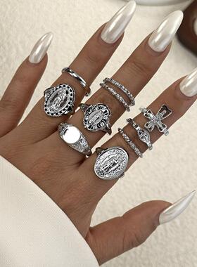 欧美跨境新款简约气质戒指 复古时尚镶钻人像十字架镂空戒指套装