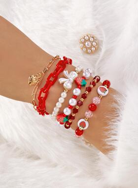 日韩跨境外贸新款手链套装 清新可爱爱心草莓樱桃创意搭配手链女