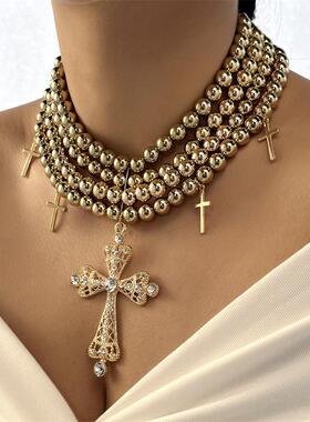 欧美跨境新款精致奢华珍珠十字架镶钻多层项链优雅气质高级颈链女