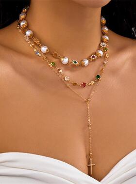 欧美跨境外贸新款项饰时尚个性设计感爱心十字架彩钻吊坠多层项链