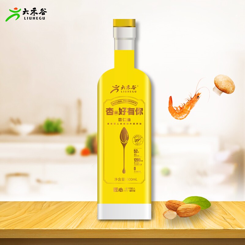 纯杏仁油六禾谷500ML瓶装古法土榨杏仁油物理压榨家用炒菜食用油