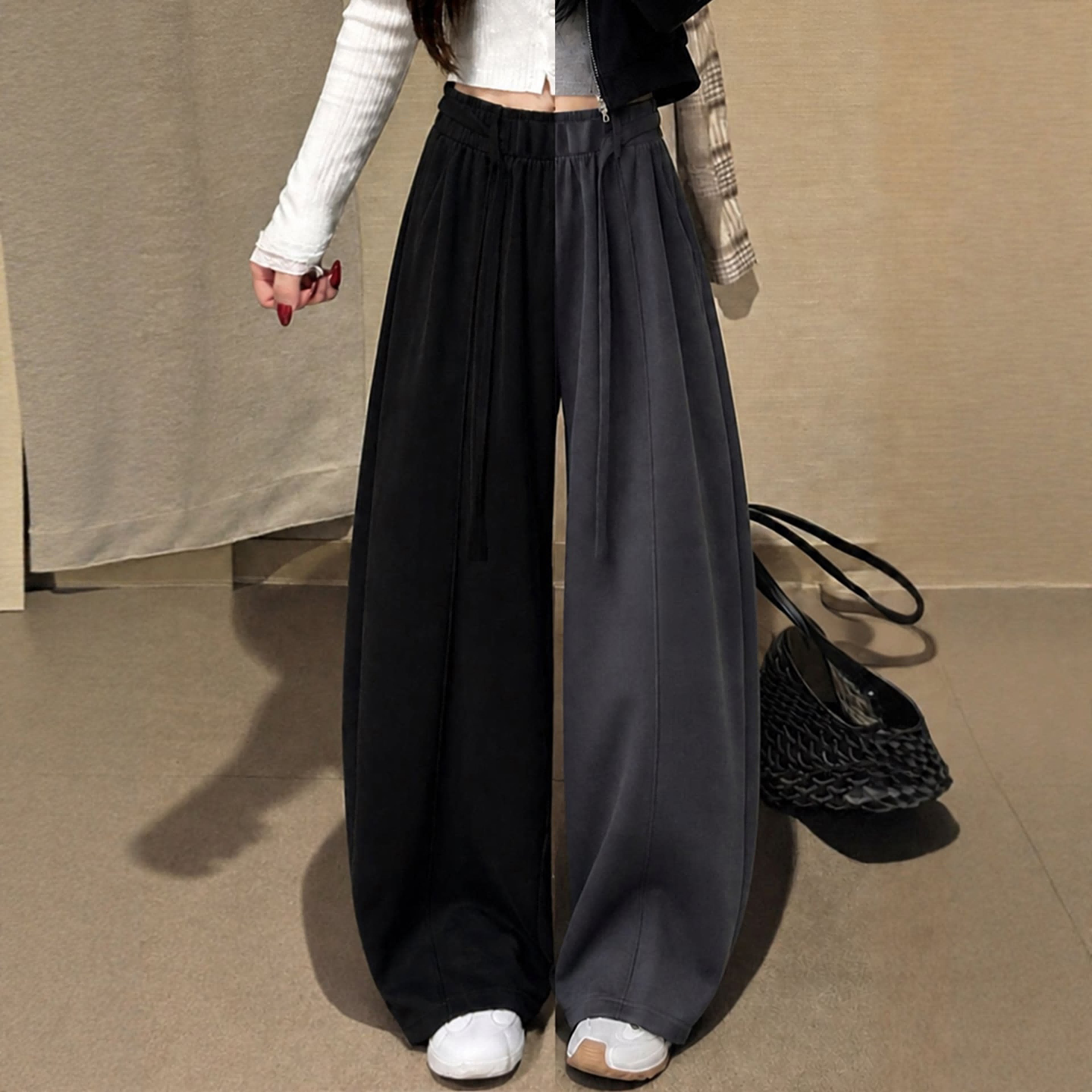 黑色弯刀裤女款2026新款秋季大码胖mm宽松休闲运动垂感阔腿卫裤子