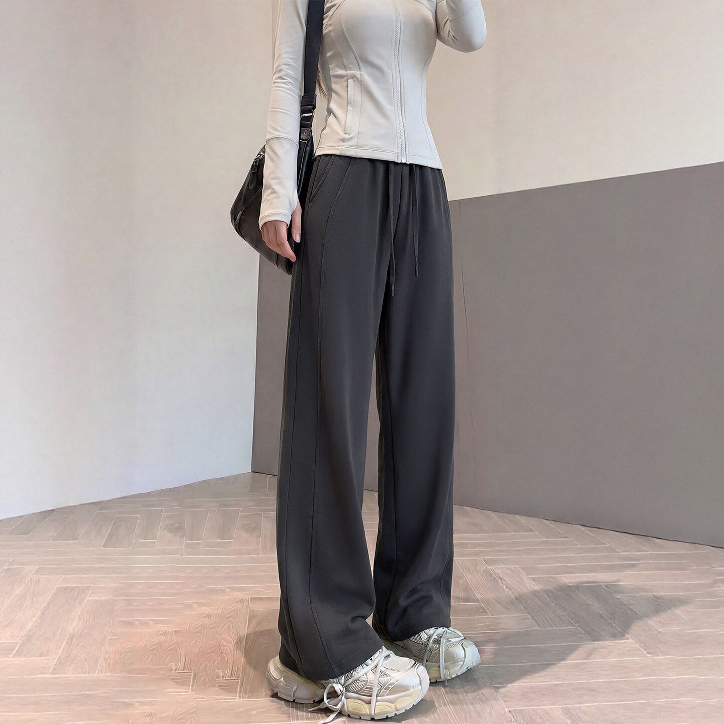 深灰色运动裤女款2026新款秋冬加绒香蕉卫裤直筒窄版显瘦阔腿裤