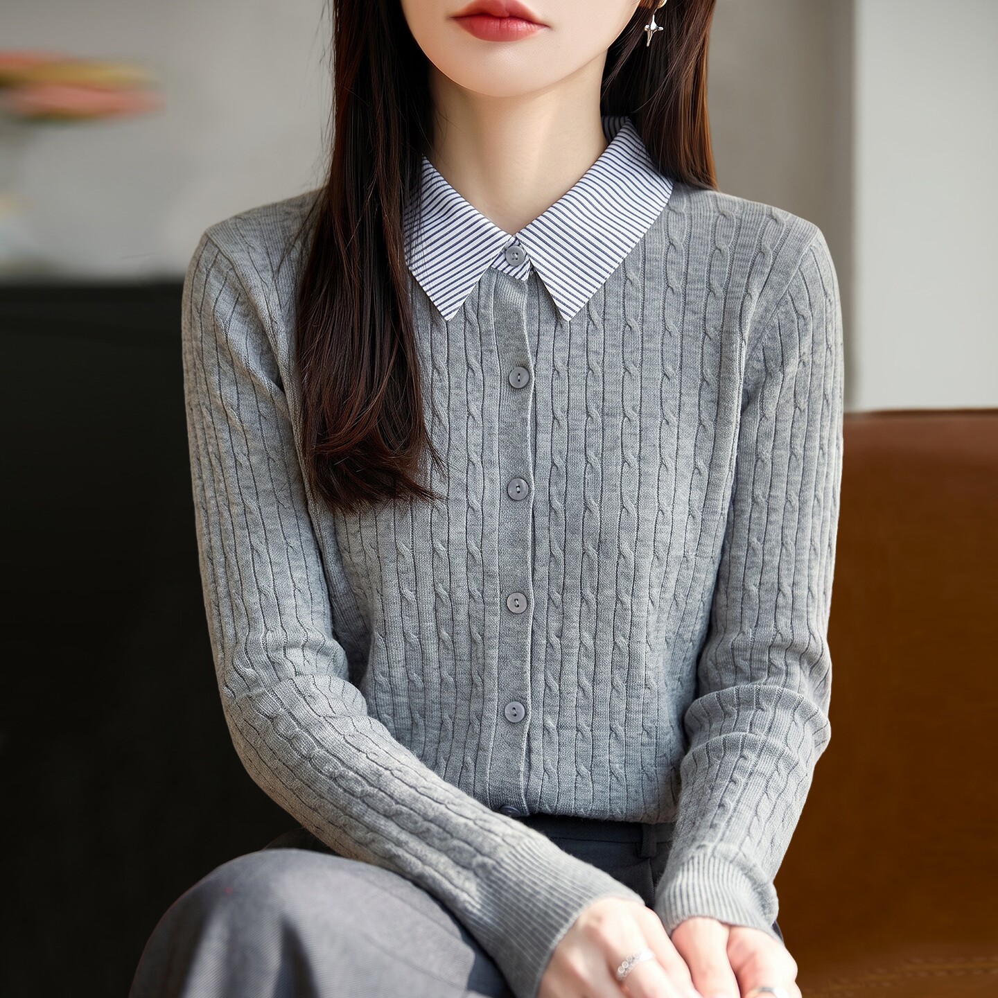 2026新款翻领纯色秋季大码针织开衫外套女洋气中老年女装上衣毛衣