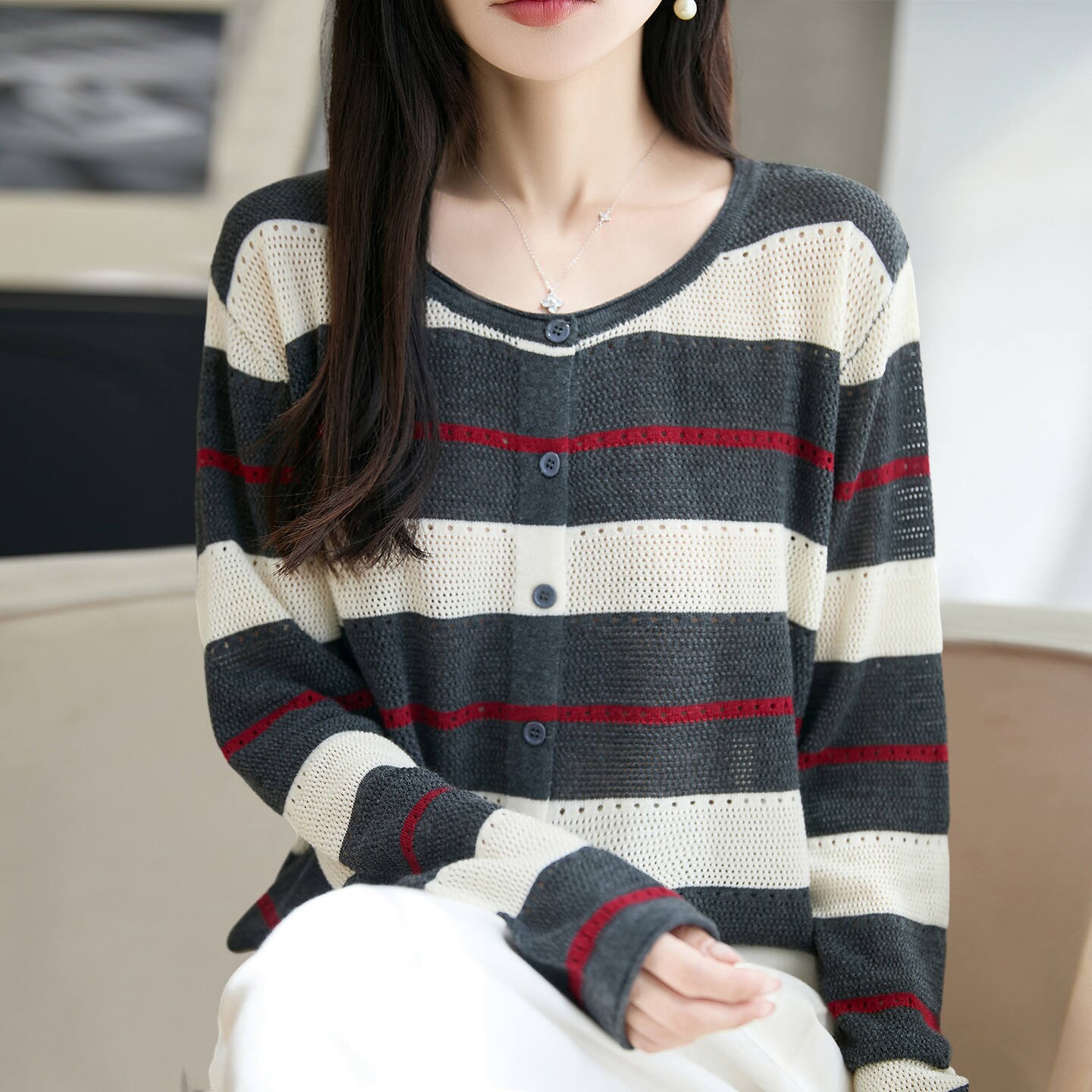 2026新款镂空条纹秋季大码针织开衫外套女洋气中老年女装上衣毛衣