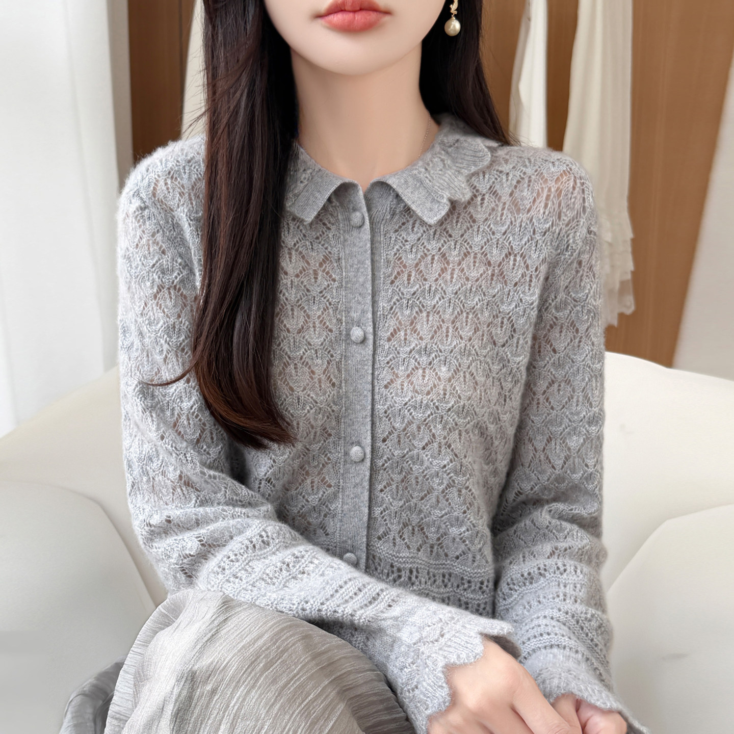 2026新款翻领镂空秋季大码针织开衫外套女洋气中老年女装上衣毛衣