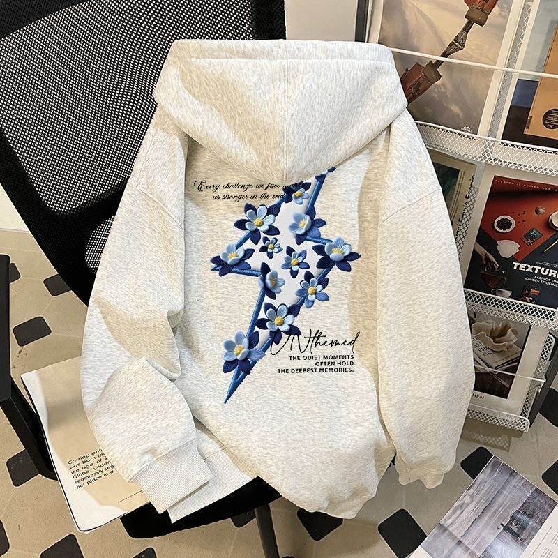 懒惰风松弛感连帽卫衣男闪电印花