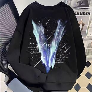 美式 复古流星大V印花圆领卫衣男女秋冬潮牌高街宽松街头痞帅上衣