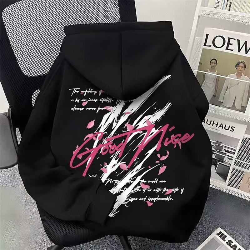 重磅美式樱花抓痕印花连帽卫衣男