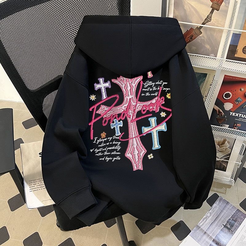新款美式十字架印花高街连帽卫衣