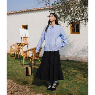 休闲衬衫 女新款 简约7054A 25SS下摆花边圆领小衫 右设