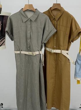 右设/25SS配腰带短袖连衣裙夏季新款工装裙收腰显瘦1LMAB5B9068A