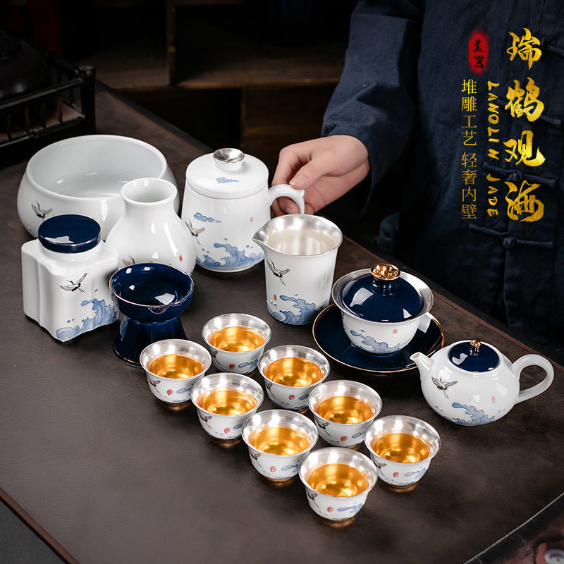 999纯银手工鎏银霁蓝盖碗功夫茶具套装茶叶罐大套装商务礼品礼盒