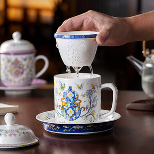 景德镇陶瓷茶杯带盖带碟办公会议国潮水杯家用泡茶杯子带茶漏送礼