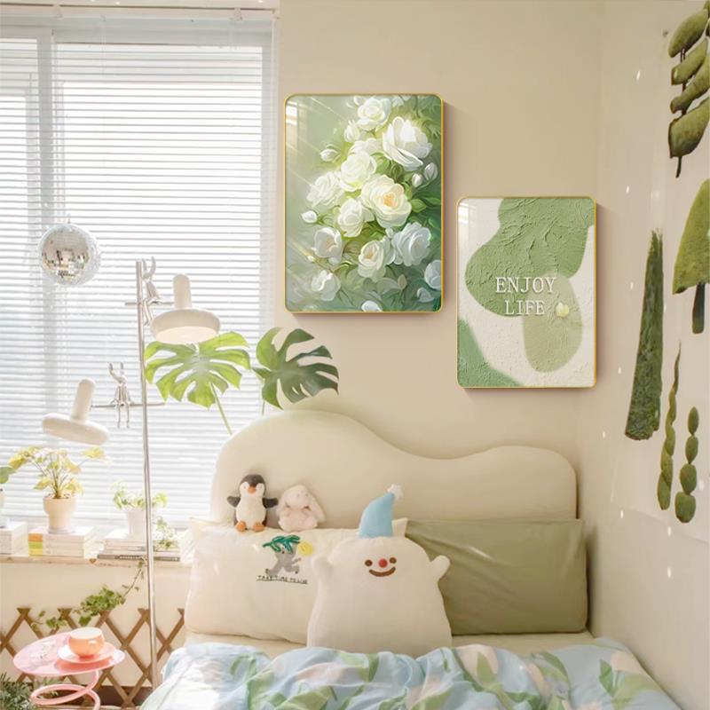 北欧风卧室床头装饰画女孩主卧房间背景墙挂画高级感温馨花卉壁画