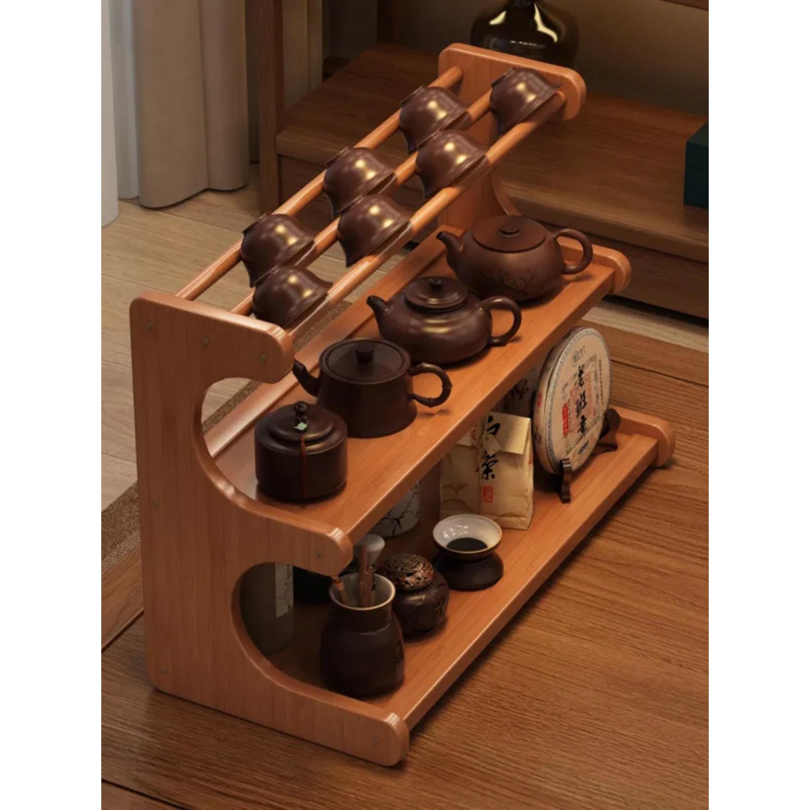 桌面茶杯收纳置物架茶室茶桌小型博古架茶台茶具紫砂壶摆放展示架