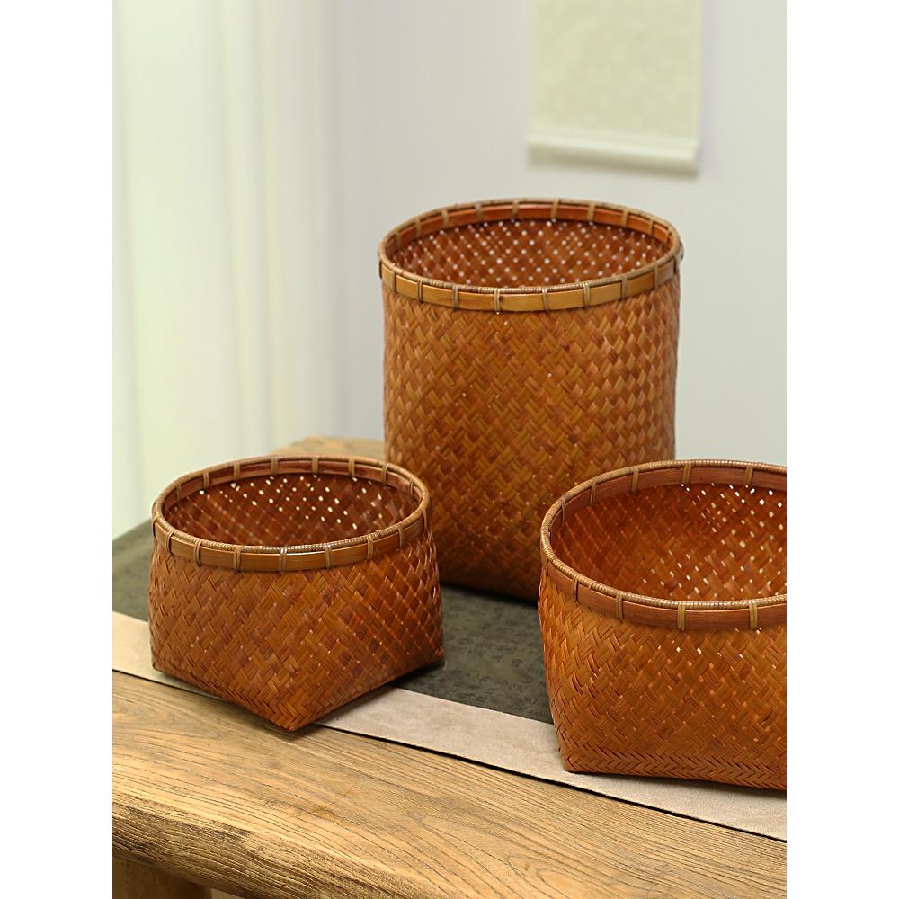 彷古竹编篮大漆工艺收纳果篮桌面收纳画筐手工竹编纸篓覆古中国风