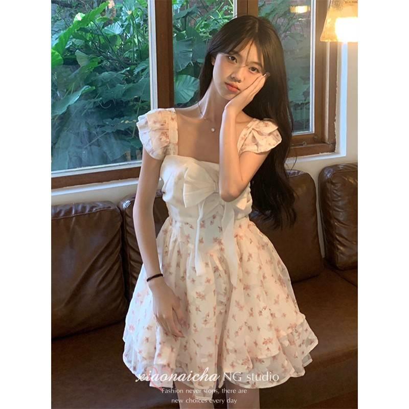 法式RFU逃甜美风小飞袖碎连衣花裙女夏小个子蝶结收腰在公主蝴短