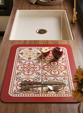 喜上花田复古红色花砖台面硅藻泥沥水垫咖啡台灶台吸水垫可定制